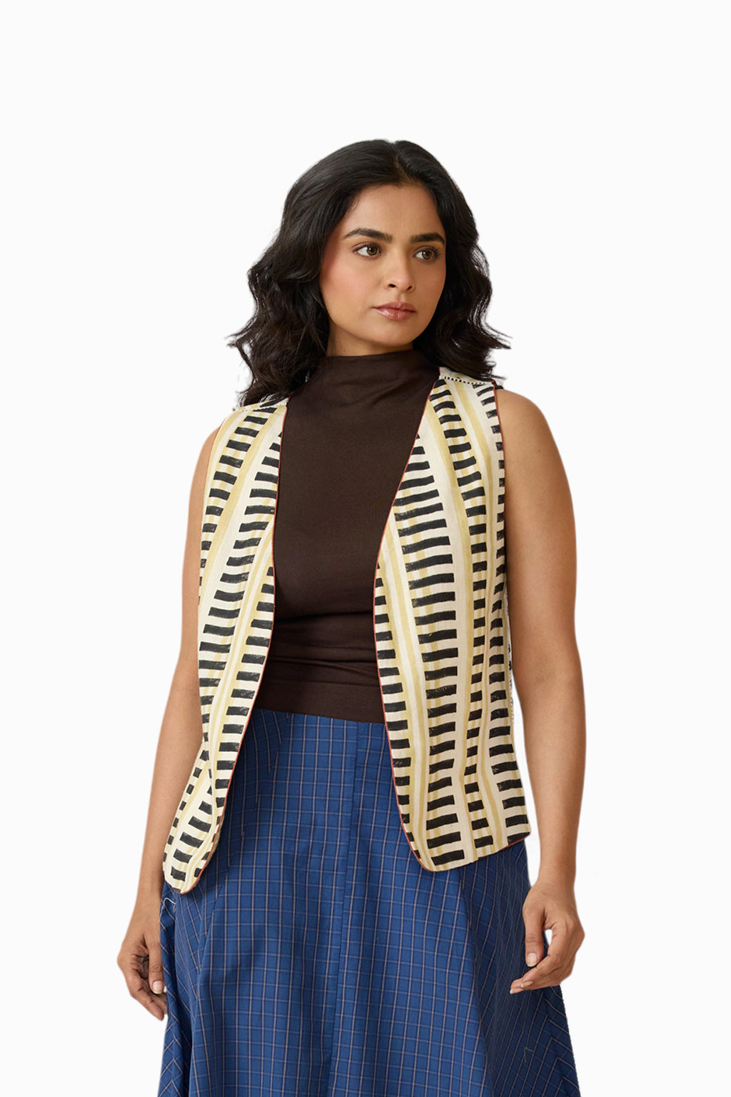 Mira Sleeveless Reversible Jacket – Midnight Stripe (Handloom | Reversible | Sizes S, M, L, XL)