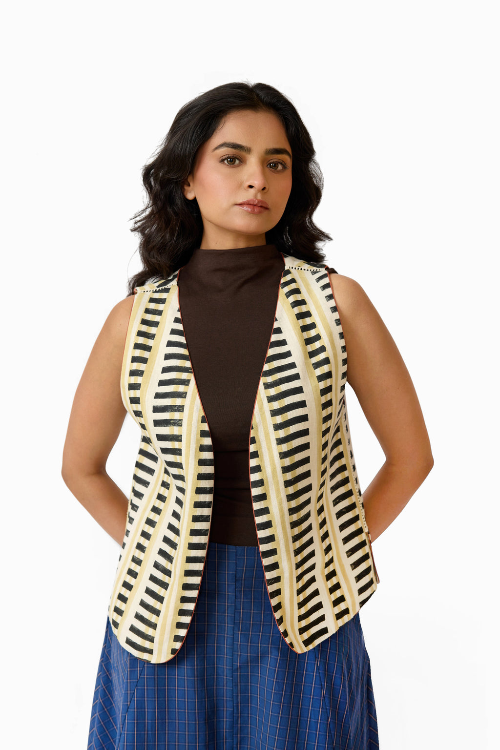 Sleeveless Reversible Jacket – Midnight Stripe (Handloom | Reversible | Sizes S, M, L, XL)
