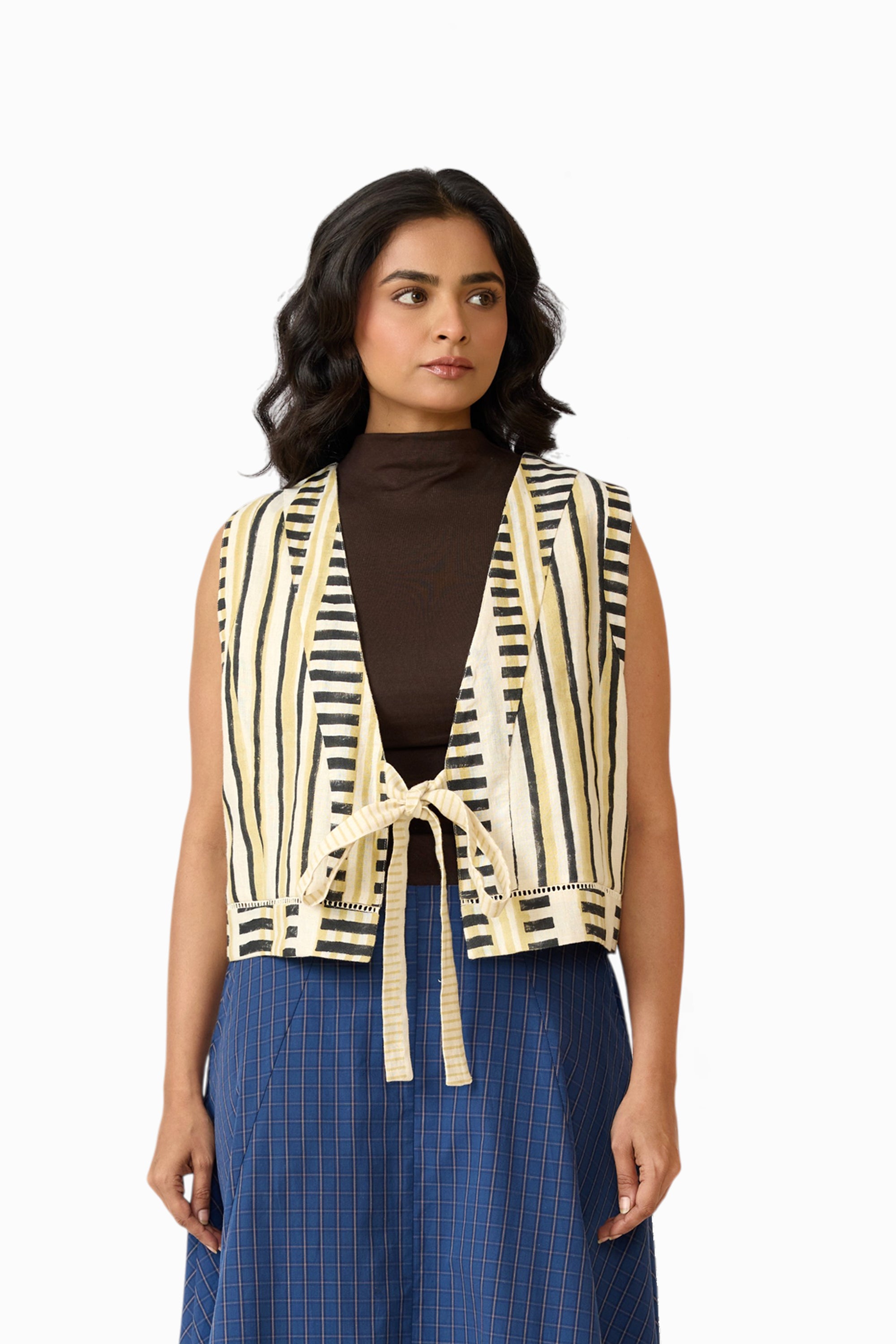 Anya Tie Front Reversible Jacket – Midnight Stripe (Handloom | Reversible | Sizes S, M, L, XL)