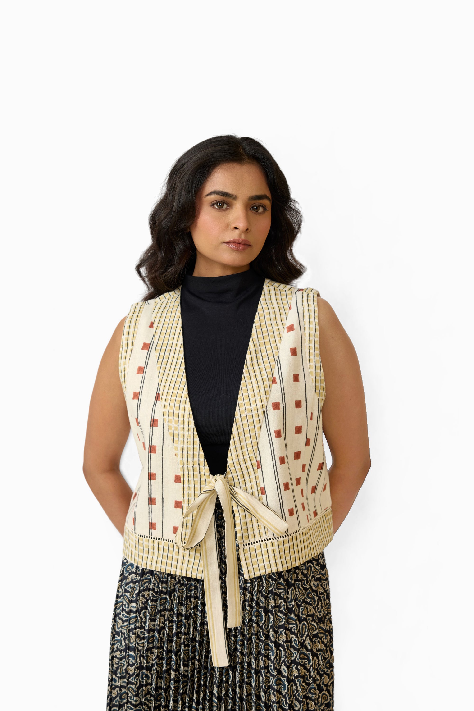 Anya Tie Front Reversible Jacket – Clay Grid (Handloom | Reversible | Sizes S, M, L, XL)