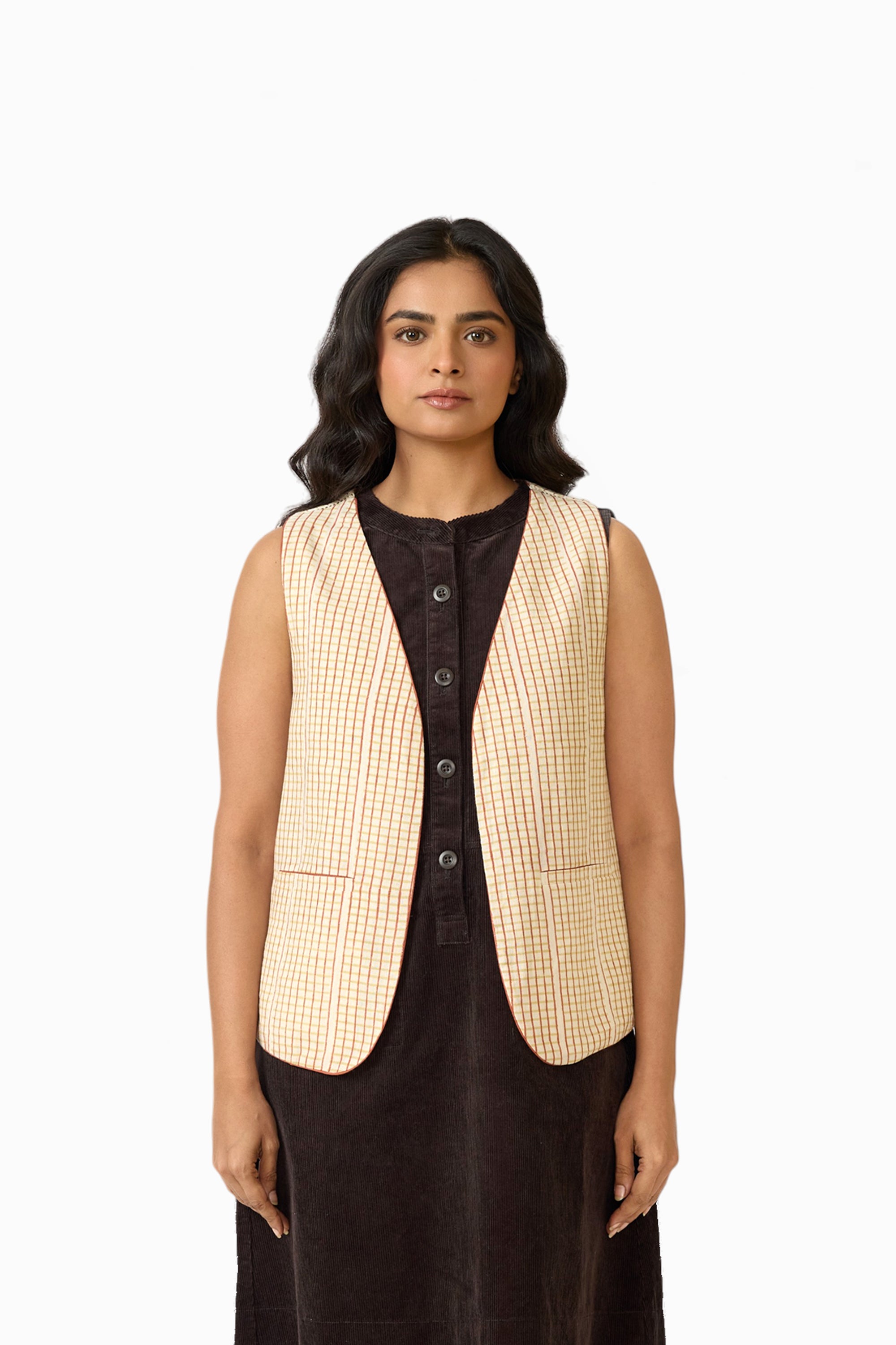 Mira Sleeveless Reversible Jacket – Blue Dot & Stripe (Handloom | Reversible | Sizes S, M, L, XL)
