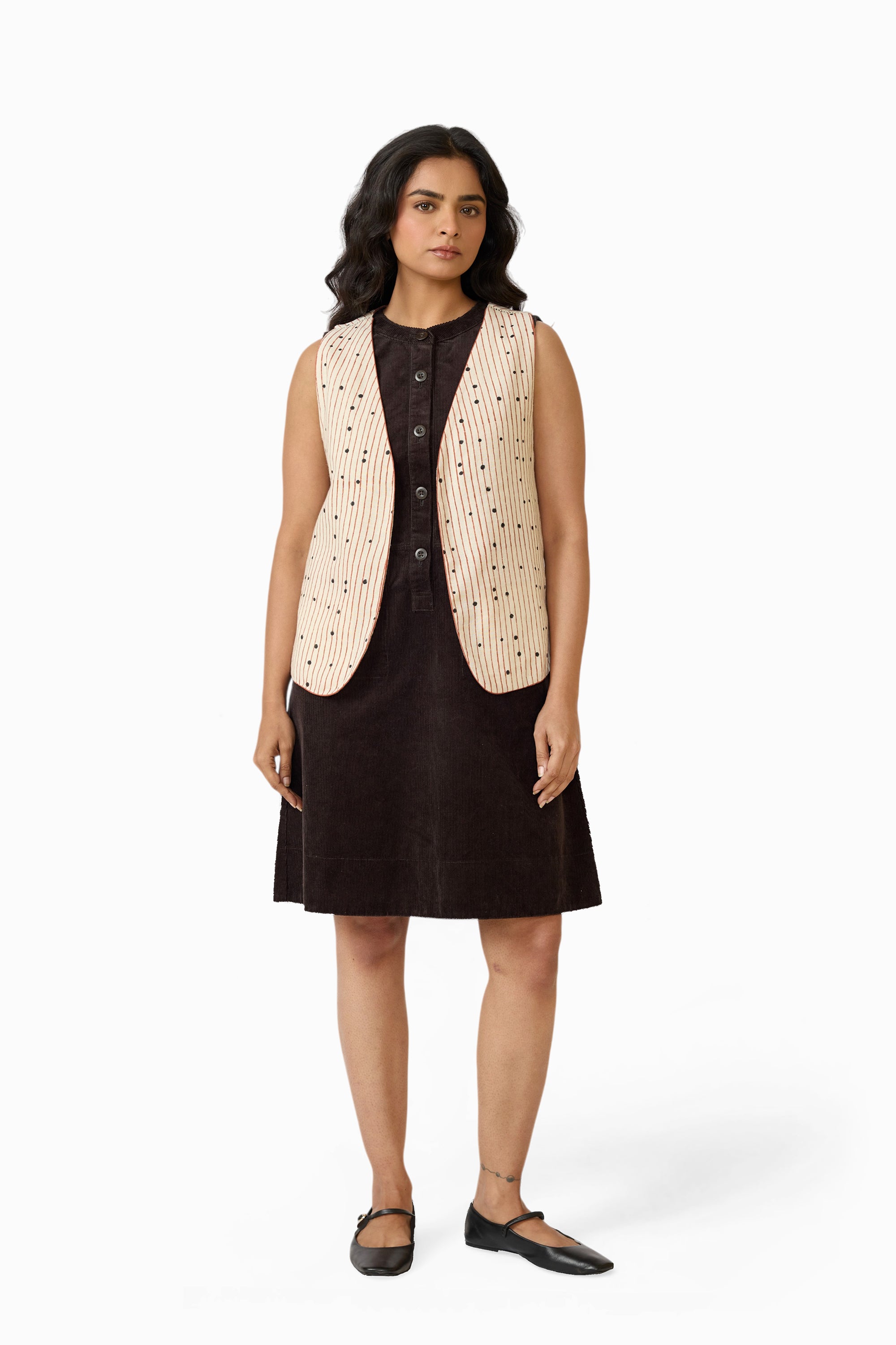Sleeveless Reversible Jacket – Blue Dot & Stripe (Handloom | Reversible | Sizes S, M, L, XL)