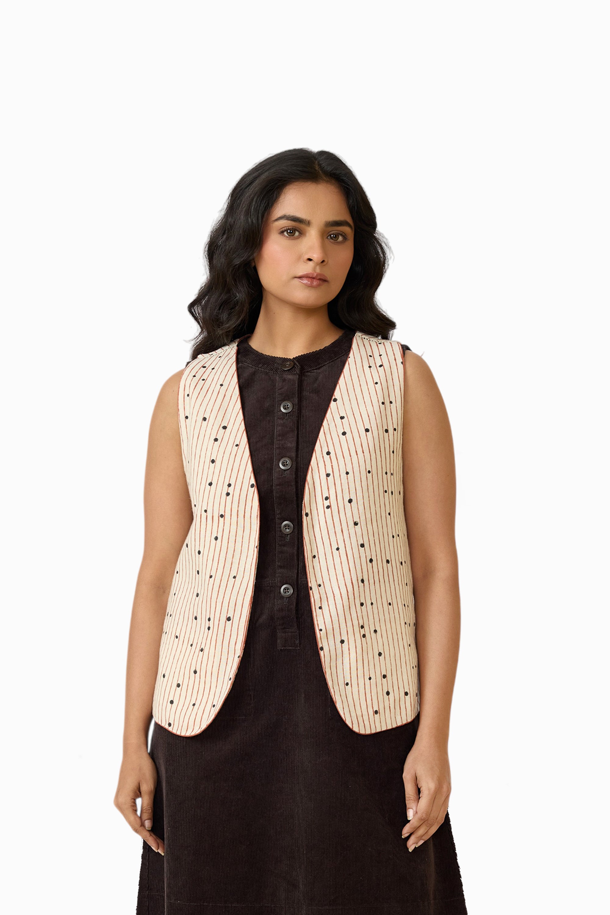 Mira Sleeveless Reversible Jacket – Blue Dot & Stripe (Handloom | Reversible | Sizes S, M, L, XL)