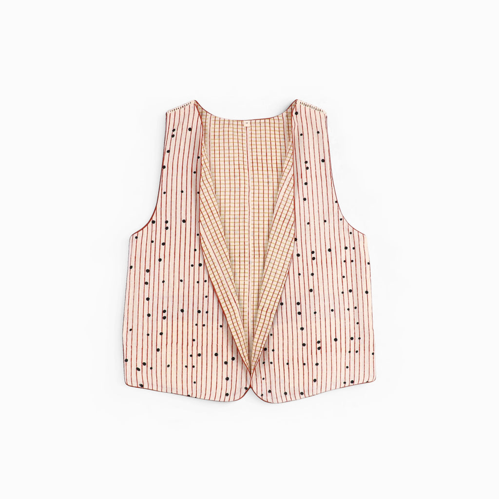 Sleeveless Reversible Jacket – Blue Dot & Stripe (Handloom | Reversible | Sizes S, M, L, XL)