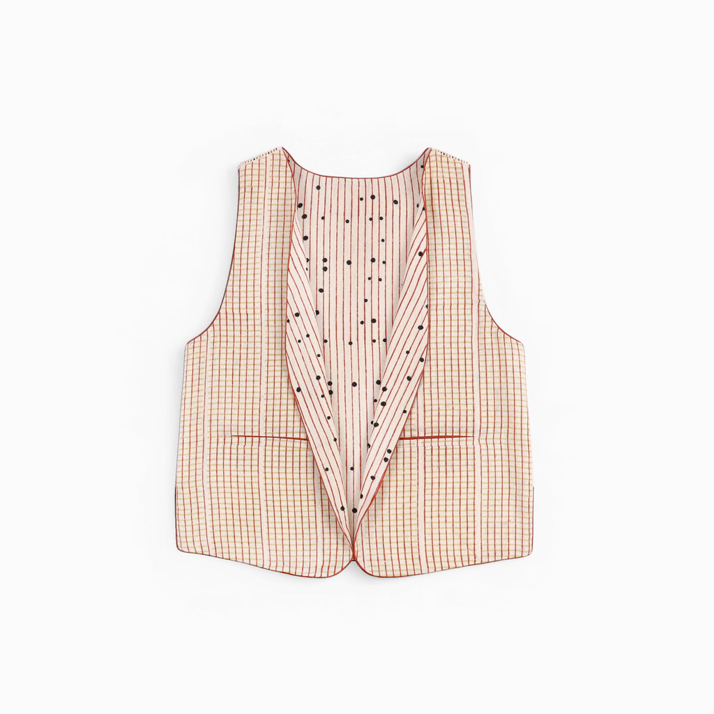Sleeveless Reversible Jacket – Blue Dot & Stripe (Handloom | Reversible | Sizes S, M, L, XL)