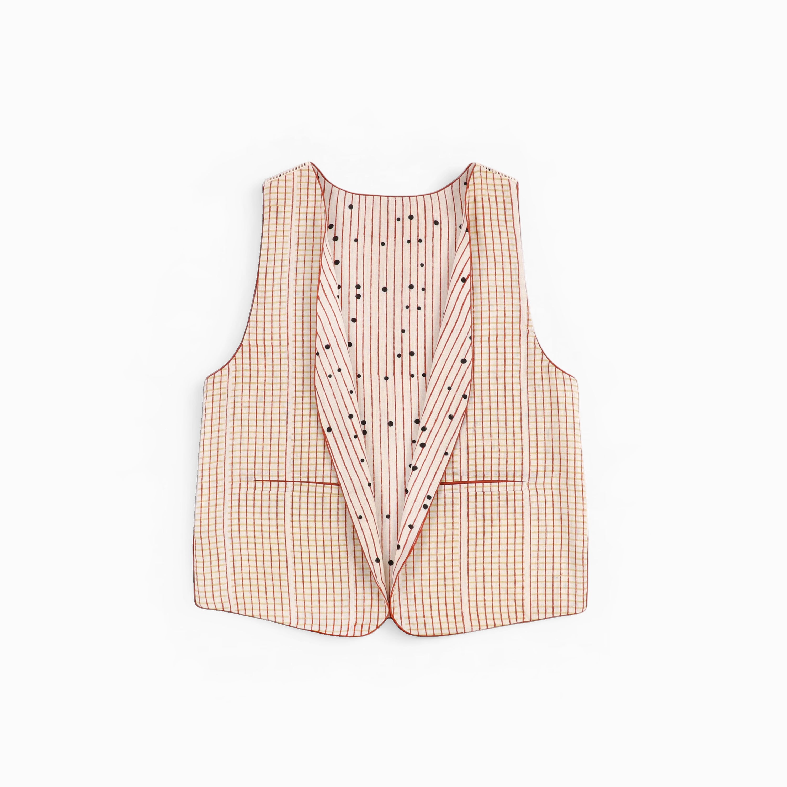 Sleeveless Reversible Jacket – Blue Dot & Stripe (Handloom | Reversible | Sizes S, M, L, XL)